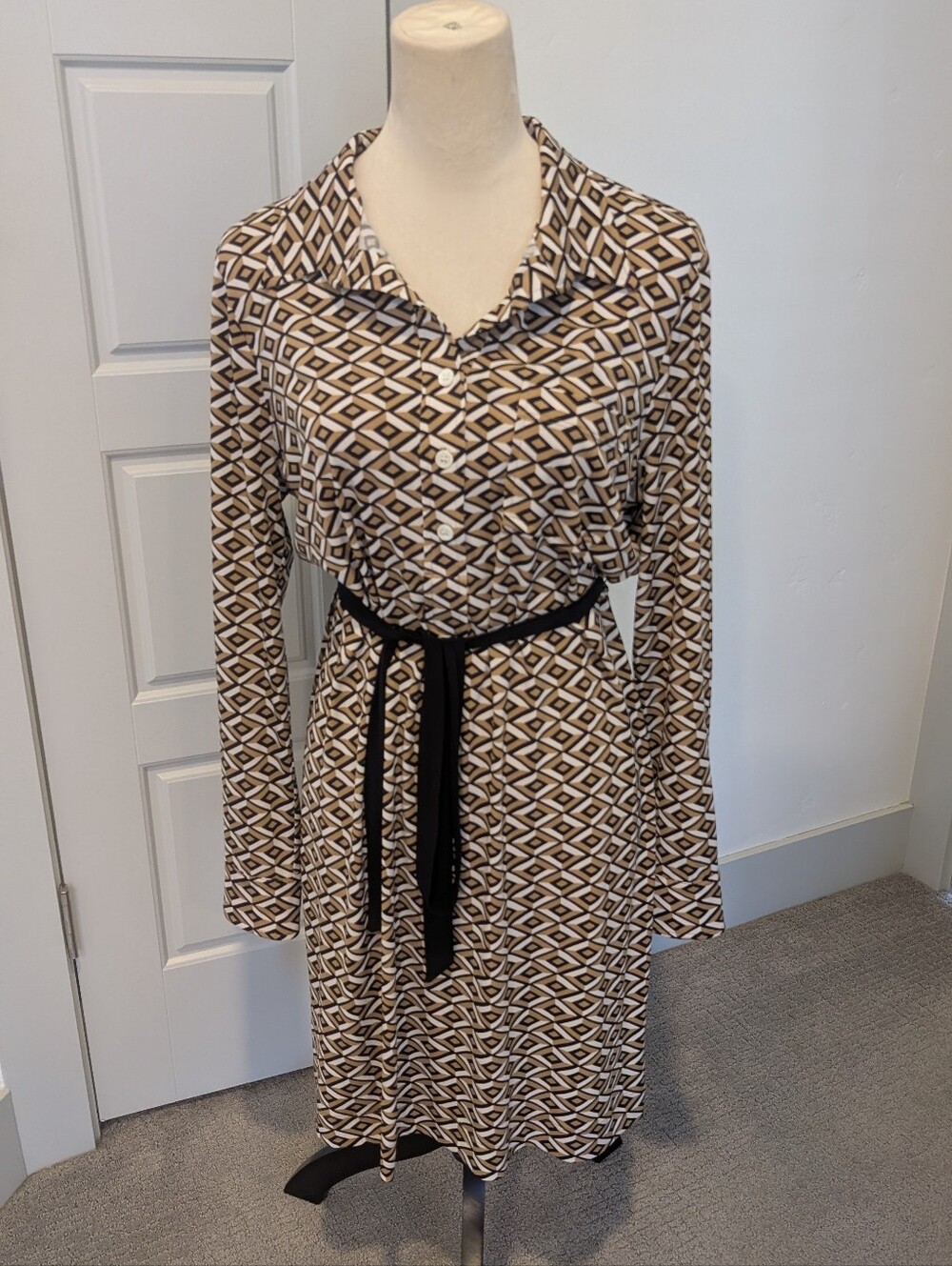 Karen Kane Geometric Long-Sleeve Shirt Dress in Brown, Cream and Black